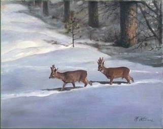 Schilderij: Reebokken sneeuw, Horst Künne
