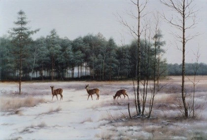 Schilderij: Reeén op de heide, Jan Wessels