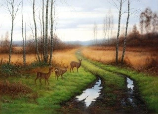 Schilderij: Reeën in het Aamsveen, Jan Wessels