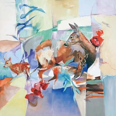 Aquarel: Kleurrijke reeën
